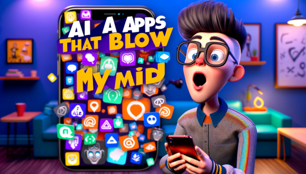 A horizontal, Pixar-style image titled 'AI Apps That Blew My Mind', featuring a humorous and engaging scene with a 35-year-old 'virtual geek' character. This character, either male or female, is depicted with an excited and astonished expression, looking at their smartphone in amazement. The smartphone screen is filled with vibrant and creative AI app icons, each representing innovative and mind-blowing technology. The character is styled as a modern geek, wearing trendy yet geeky attire, and the setting is a lively, tech-inspired environment, possibly a cozy and contemporary room filled with tech gadgets, nerdy decor, and digital artwork. The mood of the image is playful and imaginative, capturing the excitement and awe of discovering extraordinary AI applications.
