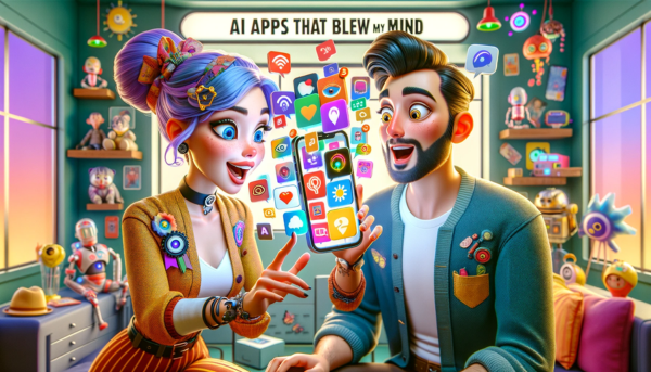 A horizontal, Pixar-style image titled 'AI Apps That Blew My Mind', featuring a fun and lively scene with a 30-year-old female 'virtual geek' showing AI apps on her smartphone to a male friend, also around 30 years old. Both characters are animated with expressions of amazement and excitement. The woman, dressed in trendy geek attire, holds up her smartphone, which displays a variety of colorful and imaginative AI app icons. The man, equally stylish in a modern geek fashion, looks on in awe. The setting is a playful, tech-inspired environment, possibly a vibrant room adorned with digital artwork, tech gadgets, and geeky decorations. The atmosphere is energetic and imaginative, capturing the shared excitement of discovering groundbreaking AI applications.