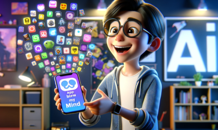 A horizontal, Pixar-style image titled 'AI Apps That Blew My Mind', featuring a fun and engaging scene with a virtual 25-year-old geeky character. The character is animated with a youthful and enthusiastic appearance, vividly expressing amazement as they look at their smartphone. The phone screen shows a variety of colorful and imaginative AI app icons, each symbolizing groundbreaking technology and innovation. The young character is dressed in casual, geek-chic attire, and the background reflects a tech-savvy environment, possibly a modern room filled with gadgets, posters of tech icons, and digital art. The overall atmosphere is playful and imaginative, capturing the wonder of discovering incredible AI applications.