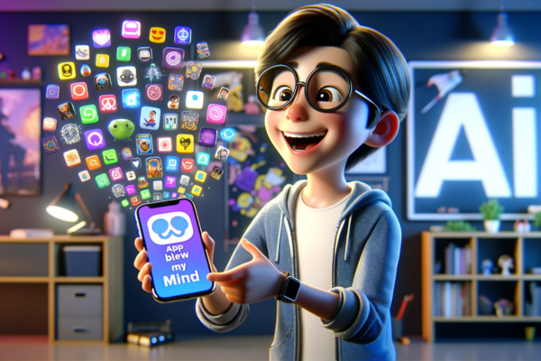 A horizontal, Pixar-style image titled 'AI Apps That Blew My Mind', featuring a fun and engaging scene with a virtual 25-year-old geeky character. The character is animated with a youthful and enthusiastic appearance, vividly expressing amazement as they look at their smartphone. The phone screen shows a variety of colorful and imaginative AI app icons, each symbolizing groundbreaking technology and innovation. The young character is dressed in casual, geek-chic attire, and the background reflects a tech-savvy environment, possibly a modern room filled with gadgets, posters of tech icons, and digital art. The overall atmosphere is playful and imaginative, capturing the wonder of discovering incredible AI applications.