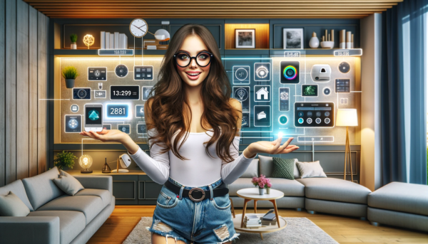 A 25-year-old woman with geeky style holding a home automation control device in a modern and technological living room. The image, in landscape format, shows various home automation components of the home, such as a smart screen on the wall, automated lights, a smart thermostat, electronic locks and security cameras. The woman has an expression of awe and satisfaction as she interacts with these devices. The environment reflects a modern, connected home with a sleek and functional interior design.