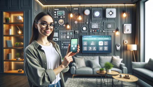 A 25-year-old woman with geeky style holding a home automation control device in a modern and technological living room. The image, in landscape format, shows various home automation components of the home, such as a smart screen on the wall, automated lights, a smart thermostat, electronic locks and security cameras. The woman has an expression of awe and satisfaction as she interacts with these devices. The environment reflects a modern, connected home with a sleek and functional interior design.
