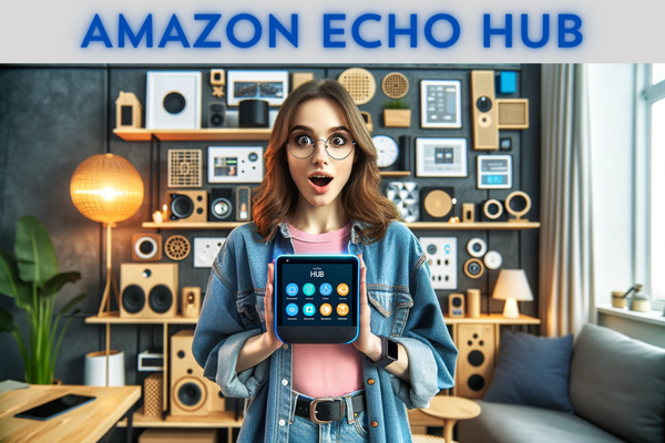 A 25-year-old woman looking like a virtual geek, showing surprise while holding an 8" screen, which is the new AMAZON ECHO HUB. This device is an Alexa-enabled Smart Home control panel designed to organize and control smart devices in the home. The woman is in a modern living room, surrounded by visible smart devices such as security cameras, alarm systems, lights, locks, plugs, blinds and thermostats. The woman has a modern, tech-savvy look, wearing casual, modern clothing, with a background that reflects a tech-oriented lifestyle.
