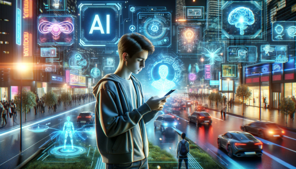 A futuristic urban landscape with neon lights and holograms, illustrating the theme 'Artificial Intelligence Revolution'. In the foreground, a young man is standing, engrossed in using his smartphone which displays glowing, advanced AI interfaces. The smartphone's screen shows complex, dynamic graphics symbolizing AI technology. The boy is casually dressed, reflecting a modern, tech-savvy generation. Around him, the city thrives with AI-driven cars, drones, and digital billboards, showcasing a world seamlessly integrated with AI. The atmosphere is bustling yet harmonious, highlighting the positive impact of AI on daily life.