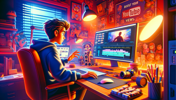 Create a horizontal Pixar-style animation depicting a YouTuber editing a video. The scene is vibrant and full of color, capturing the imaginative and engaging essence typical of Pixar animations. The YouTuber, depicted in an animated character style, is intensely focused on a large, modern computer screen, manipulating video content with a high level of detail and creativity. The room around them is a lively and personal workspace, filled with gadgets, posters, and decorations that reflect a passionate video creator's environment. Ensure the image is lively and engaging, full of Pixar's signature animation style, but without any text or letters visible within the image itself. For the scene's description, note that the subject of the video being edited is 'BOOST YOUR YOUTUBE VIEWS WITH THESE 20 SEO TRICKS' and include the URL 'https://virtualgeek.io/'.