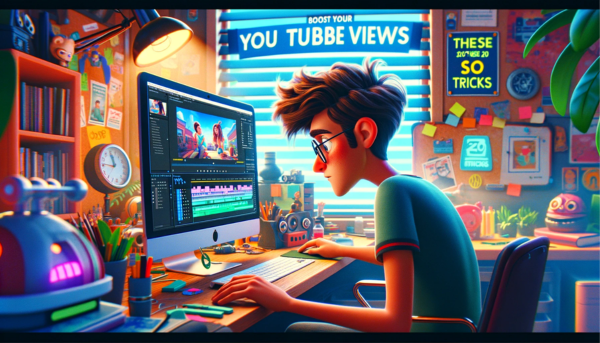 A horizontal image in a Pixar-style animation, depicting a YouTuber editing a video. The scene is vibrant and colorful, capturing the creative and lively essence of a Pixar movie. The YouTuber is focused, working intently on a computer with video editing software visible on the screen. The room is filled with quirky, tech-inspired decor, reflecting the YouTuber's personality. On the computer screen or a nearby notepad, the text "BOOST YOUR YOUTUBE VIEWS WITH THESE 20 SEO TRICKS" is clearly visible. Additionally, include the URL 'https://virtualgeek.io/' subtly in the scene, perhaps on a sticky note or a digital display within the artwork.