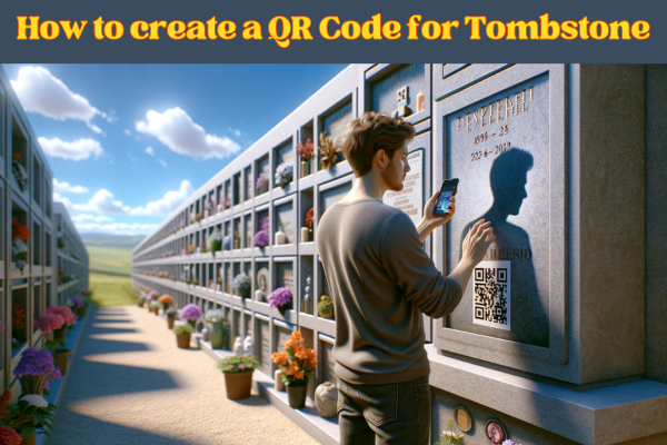 A hyper-realistic horizontal image of a young man capturing a QR code on a commemorative gravestone for a deceased family member. The gravestone is set in a wall of niches and features both a QR code and a photo with the silhouette of the family member. The young man is focused on his task, holding his phone up to scan the QR code. The wall of niches is well-maintained, with flowers and other tributes around. The scene is tranquil and respectful, under a clear blue sky with a few fluffy clouds. https://virtualgeek.io/