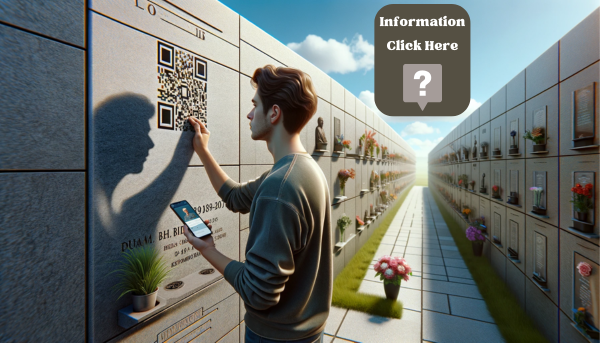 A hyper-realistic horizontal image of a young man capturing a QR code on a commemorative gravestone for a deceased family member. The gravestone is set in a wall of niches and features both a QR code and a photo with the silhouette of the family member. The young man is focused on his task, holding his phone up to scan the QR code. The wall of niches is well-maintained, with flowers and other tributes around. The scene is tranquil and respectful, under a clear blue sky with a few fluffy clouds.
https://virtualgeek.io/
