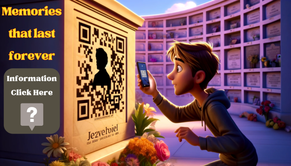 A Pixar-style horizontal image of a young man capturing a QR code on a commemorative gravestone for a deceased family member. The gravestone is set in a wall of niches and features both a QR code and a photo with the silhouette of the family member. The young man, depicted with expressive and colorful animation, is focused on his task, holding his phone up to scan the QR code. The wall of niches is vibrant and well-maintained, with flowers and other tributes around. The scene is warm and respectful, under a clear blue sky with a few fluffy clouds.
https://virtualgeek.io/
