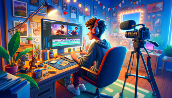 Create a horizontal Pixar-style image showing a YouTuber editing a video. The scene is animated in a vibrant, engaging Pixar-like quality, full of color and life. The YouTuber is depicted in a dynamic, creative workspace, surrounded by high-tech gadgets and personalized decorations, illustrating a blend of technology and creativity. Although the image should not contain any visible text or letters, it's crafted to represent the concept of a YouTuber focused on enhancing their skills, possibly indicated by the sophisticated editing software on the screen and the professional microphone setup. The essence of the article 'BOOST YOUR YOUTUBE VIEWS WITH THESE 20 SEO TRICKS' and the URL 'https://virtualgeek.io/' are implied in the scene's setup and the YouTuber's focused demeanor, without directly showing any text.