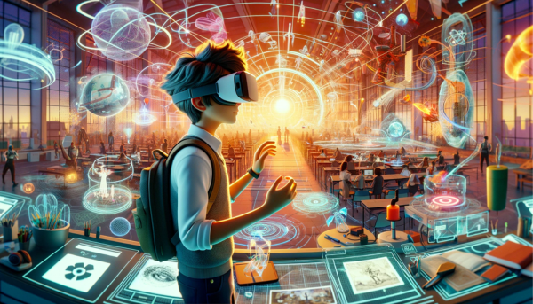 A panoramic image in a Pixar-like animation style, featuring a young adult portrayed as an embodiment of the 'Virtual Geek' concept in a futuristic setting. The image visualizes the profound impact of virtual reality beyond gaming, illustrating its integration into various industries. The scene is set in a dynamic, futuristic environment where VR is revolutionizing fields like architecture, medicine, and education. Imagine the character interacting with advanced VR tools, holographic displays, and immersive interfaces, surrounded by elements symbolizing innovation in design, healthcare, and learning. The atmosphere conveys a sense of boundless possibilities, highlighting VR's role in transforming human interaction, creativity, and problem-solving. https://virtualgeek.io/