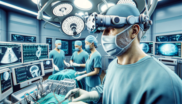 A panoramic, close-up, highly realistic image in a style reminiscent of Pixar, depicting a surgeon and their medical team in a futuristic operating room, utilizing virtual reality technology during a surgery. The focus is on the surgeon, shown in the foreground with detailed expression and high-tech VR surgical equipment. The team around them is actively engaged, assisting with advanced tools and monitors displaying intricate data. The operating room is a blend of modern design and cutting-edge technology, illustrating a sophisticated, immersive surgical environment. https://virtualgeek.io/