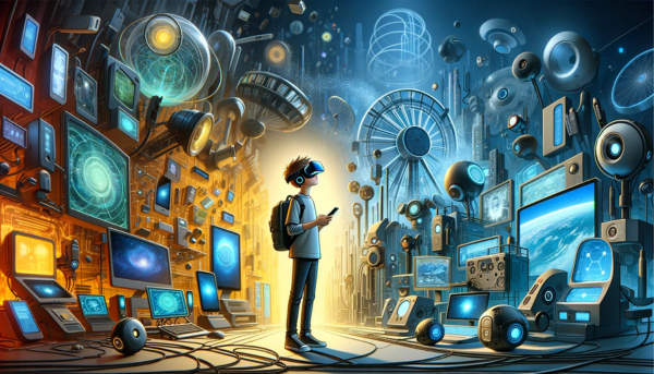 A panoramic image in a futuristic style, reminiscent of Pixar's animation, featuring a young adult deeply engaged with various virtual reality devices. The scene depicts a range of immersive technologies, including standalone VR headsets, smartphone-based VR solutions, and augmented reality gadgets. The setting is a high-tech, dynamic environment that symbolizes the cutting-edge advancements in VR technology. The young adult is shown wearing a VR headset, symbolically standing at the threshold of a boundless virtual world, illustrating the endless possibilities that VR technology offers for exploration, interaction, and creation. https://virtualgeek.io/