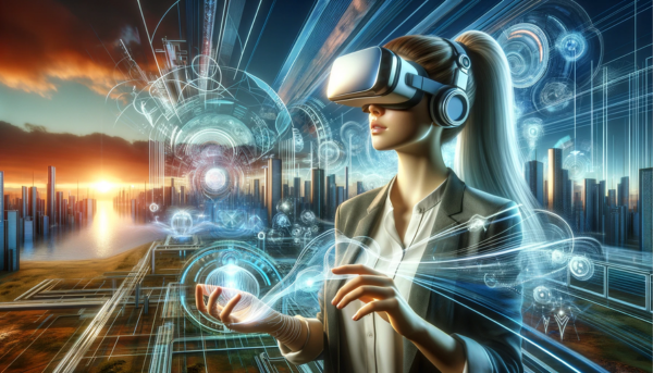 A panoramic futuristic image, styled like Pixar's animation, featuring an attractive young woman engaging with advanced VR technology. The image captures the essence of the evolving virtual reality landscape, illustrating cutting-edge innovations such as immersive haptic feedback systems, wireless connectivity, and the integration of VR with other immersive technologies. She is depicted wearing a sophisticated VR headset, symbolizing her readiness to explore the vast possibilities of virtual reality. The environment around her is high-tech and dynamic, reflecting the limitless potential and revolutionary impact of VR on our perception, interaction, and experience of digital worlds. https://virtualgeek.io/