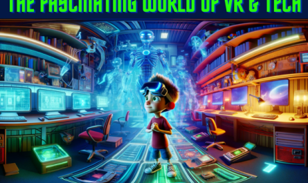A panoramic image inspired by Pixar's animation style, featuring a young boy characterized as a 'Virtual Geek'. He is immersed in the fascinating world of virtual reality and technology, surrounded by futuristic gadgets and holographic displays. The setting is a high-tech room filled with advanced computer screens, VR headsets, and glowing neon lights, reflecting a science fiction theme. The atmosphere is vibrant and filled with elements that suggest advanced technology and virtual exploration, capturing the essence of a child's curiosity and wonder in a digital age. https://virtualgeek.io/