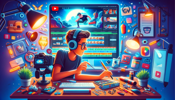Create a horizontal Pixar-style image showing a YouTuber editing a video. The scene is animated in a vibrant, engaging Pixar-like quality, full of color and life. The YouTuber is depicted in a dynamic, creative workspace, surrounded by high-tech gadgets and personalized decorations, illustrating a blend of technology and creativity. Although the image should not contain any visible text or letters, it's crafted to represent the concept of a YouTuber focused on enhancing their skills, possibly indicated by the sophisticated editing software on the screen and the professional microphone setup. The essence of the article 'BOOST YOUR YOUTUBE VIEWS WITH THESE 20 SEO TRICKS' and the URL 'https://virtualgeek.io/' are implied in the scene's setup and the YouTuber's focused demeanor, without directly showing any text.